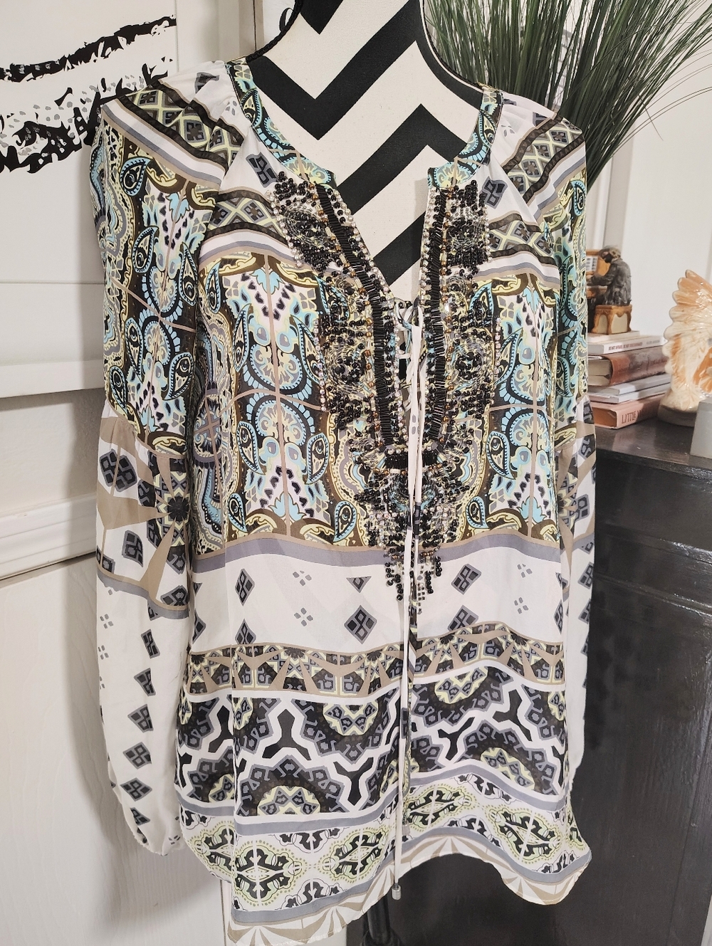 Hale Bob Silk Embellished V-Neck Top Women's Medium Bohemian Embellished